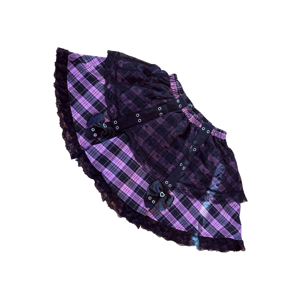 ACDC RAG Pink Black Plaid Lace Skort Harajuku Punk Heart Mesh Skirt with Bows